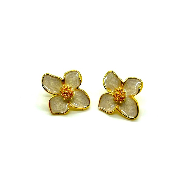 Floral Gold Stud Gold Plated Earrings in Green or White - Picture 2 of 4